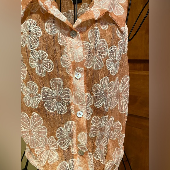 Wet Seal Sheer Button Up Front Tie Blouse Juniors Large Orange White Floral - Picture 4 of 6
